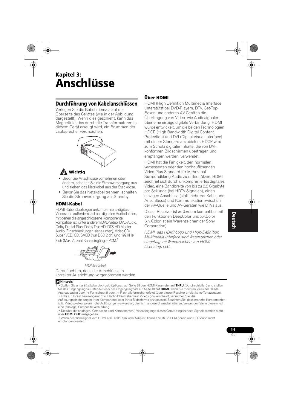 Anschlüsse, Durchführung von kabelanschlüssen, Hdmi-kabel | Über hdmi, Kapitel 3 | Pioneer VSX-819H-S User Manual | Page 81 / 282