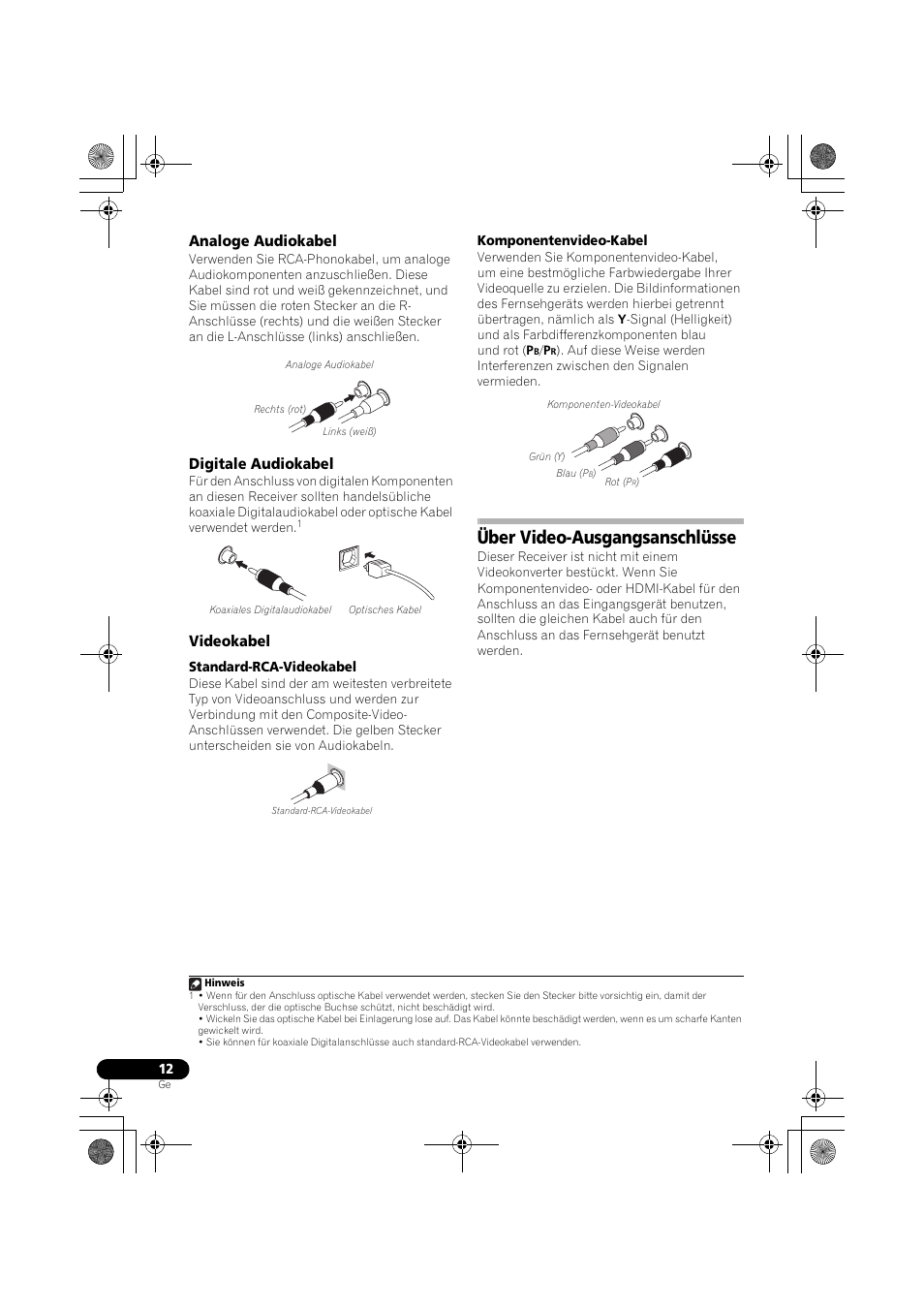 Analoge audiokabel, Digitale audiokabel, Videokabel | Über video-ausgangsanschlüsse | Pioneer VSX-819H-S User Manual | Page 82 / 282