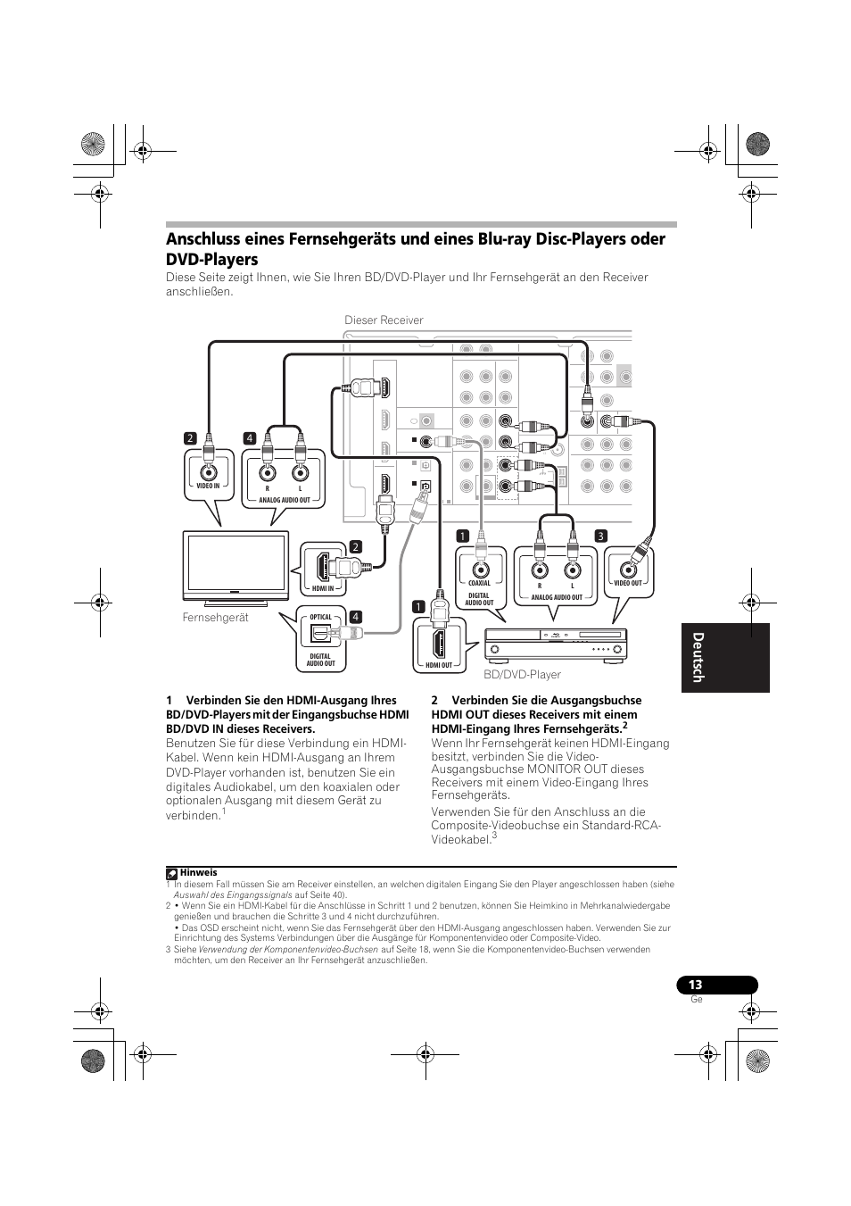 Anschluss eines fernsehgeräts und eines, Blu-ray disc-players oder dvd-players, Hinweis | Pioneer VSX-819H-S User Manual | Page 83 / 282