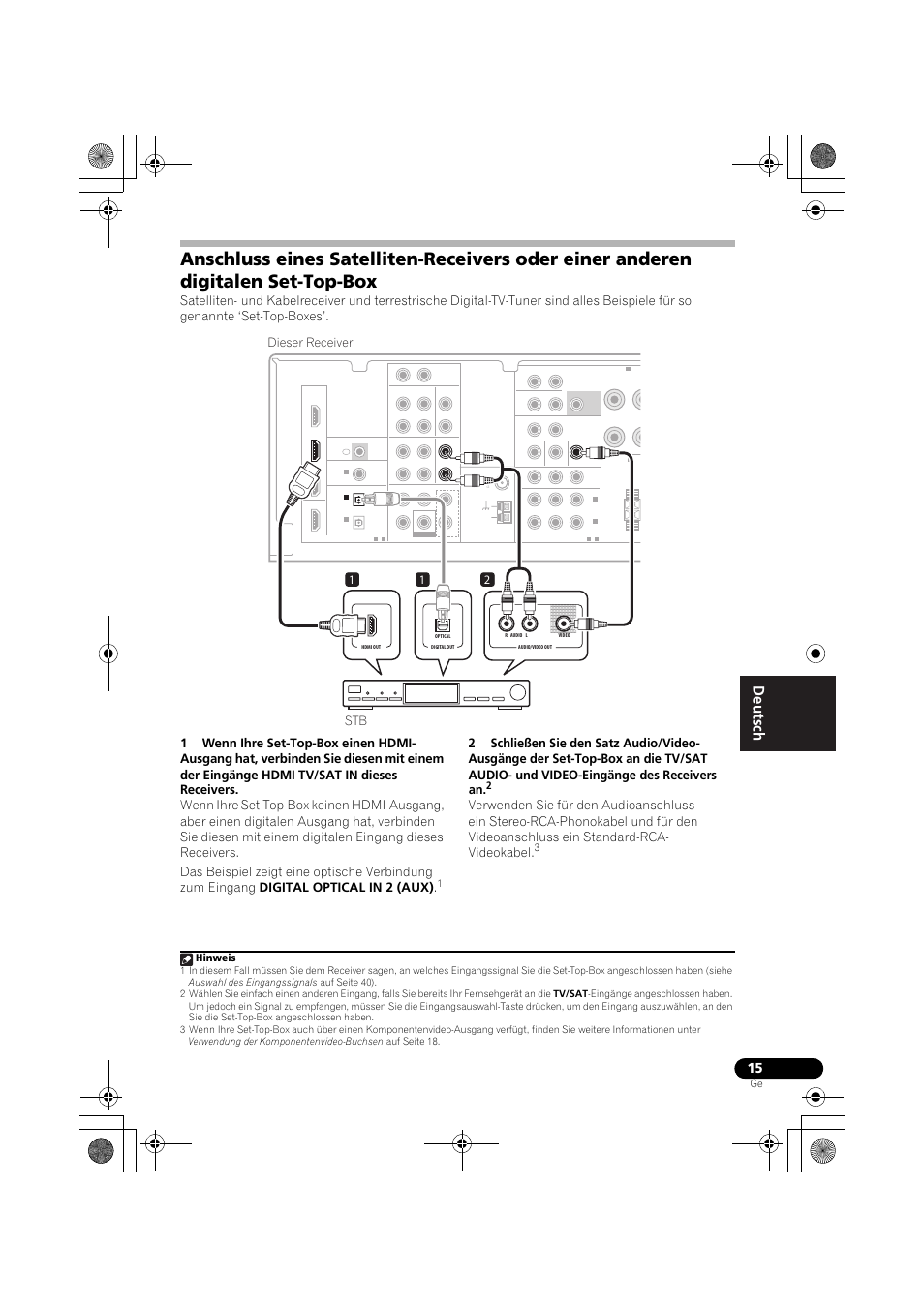 Anschluss eines satelliten-receivers oder, Einer anderen digitalen set-top-box, 12 stb dieser receiver | Hinweis | Pioneer VSX-819H-S User Manual | Page 85 / 282