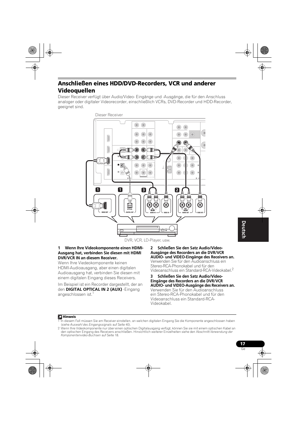 Anschließen eines hdd/dvd-recorders, Vcr und anderer videoquellen, 13 2 1 dvr, vcr, ld-player, usw. dieser receiver | Hinweis | Pioneer VSX-819H-S User Manual | Page 87 / 282