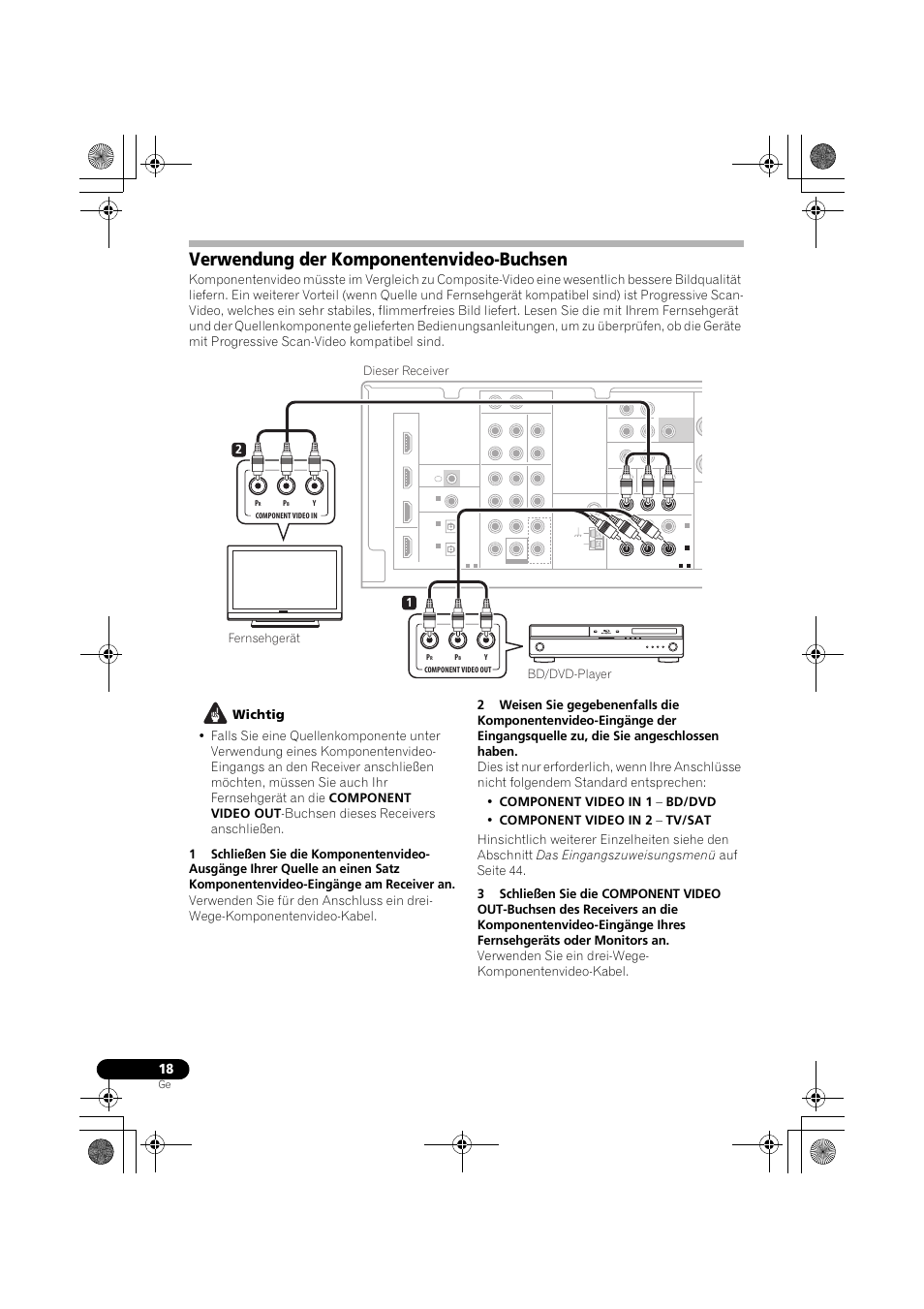 Verwendung der komponentenvideo-buchsen, Verwendung der komponentenvideo, Buchsen | 12 bd/dvd-player fernsehgerät dieser receiver | Pioneer VSX-819H-S User Manual | Page 88 / 282