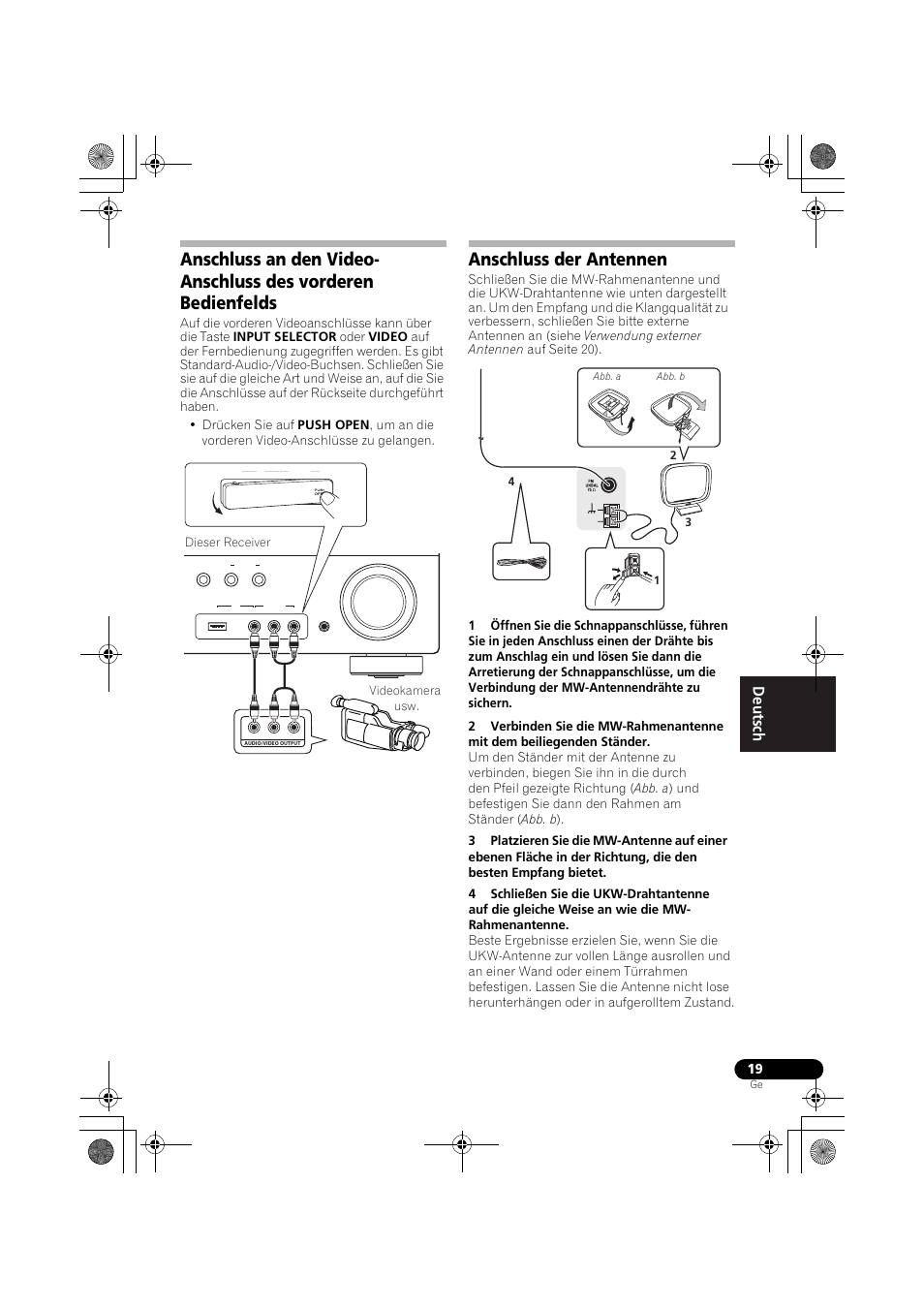 Anschluss der antennen, Anschluss an den video-anschluss, Des vorderen bedienfelds | Pioneer VSX-819H-S User Manual | Page 89 / 282