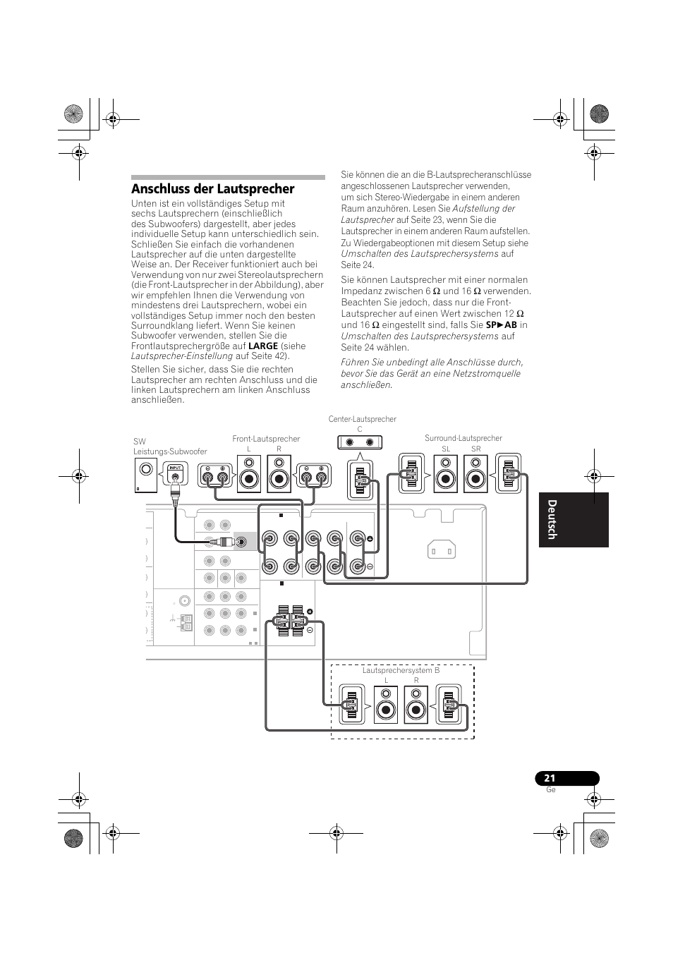 Anschluss der lautsprecher, Anschluss der lautsprecher auf seite 21 | Pioneer VSX-819H-S User Manual | Page 91 / 282