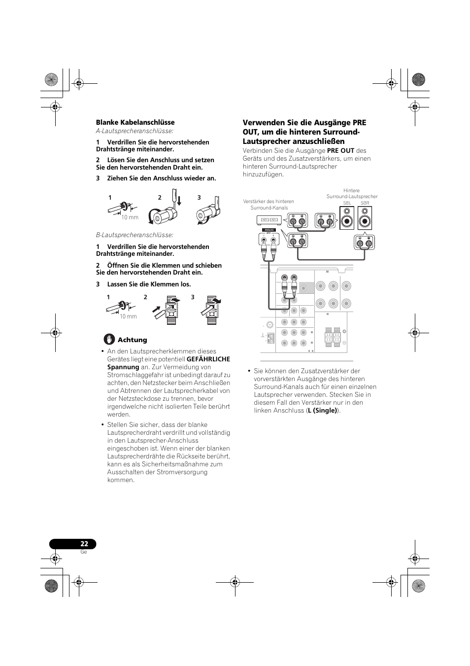 Verwenden sie die ausgänge pre out, Um die hinteren surround-lautsprecher, Anzuschließen | Blanke kabelanschlüsse | Pioneer VSX-819H-S User Manual | Page 92 / 282