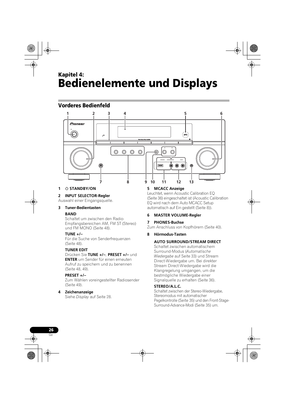 Bedienelemente und displays, Vorderes bedienfeld, Kapitel 4 | Pioneer VSX-819H-S User Manual | Page 96 / 282