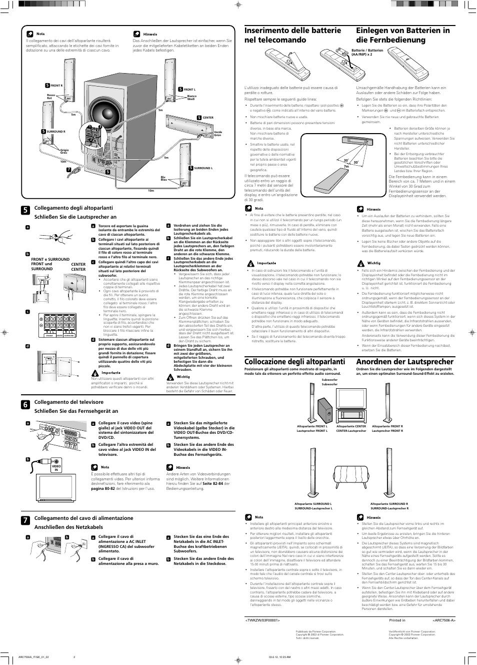 Collocazione degli altoparlanti, Anordnen der lautsprecher, Line1 | Line1 out tv in audio video, Audio line1 in line2 in av connect or | Pioneer NS-DV990 User Manual | Page 2 / 2