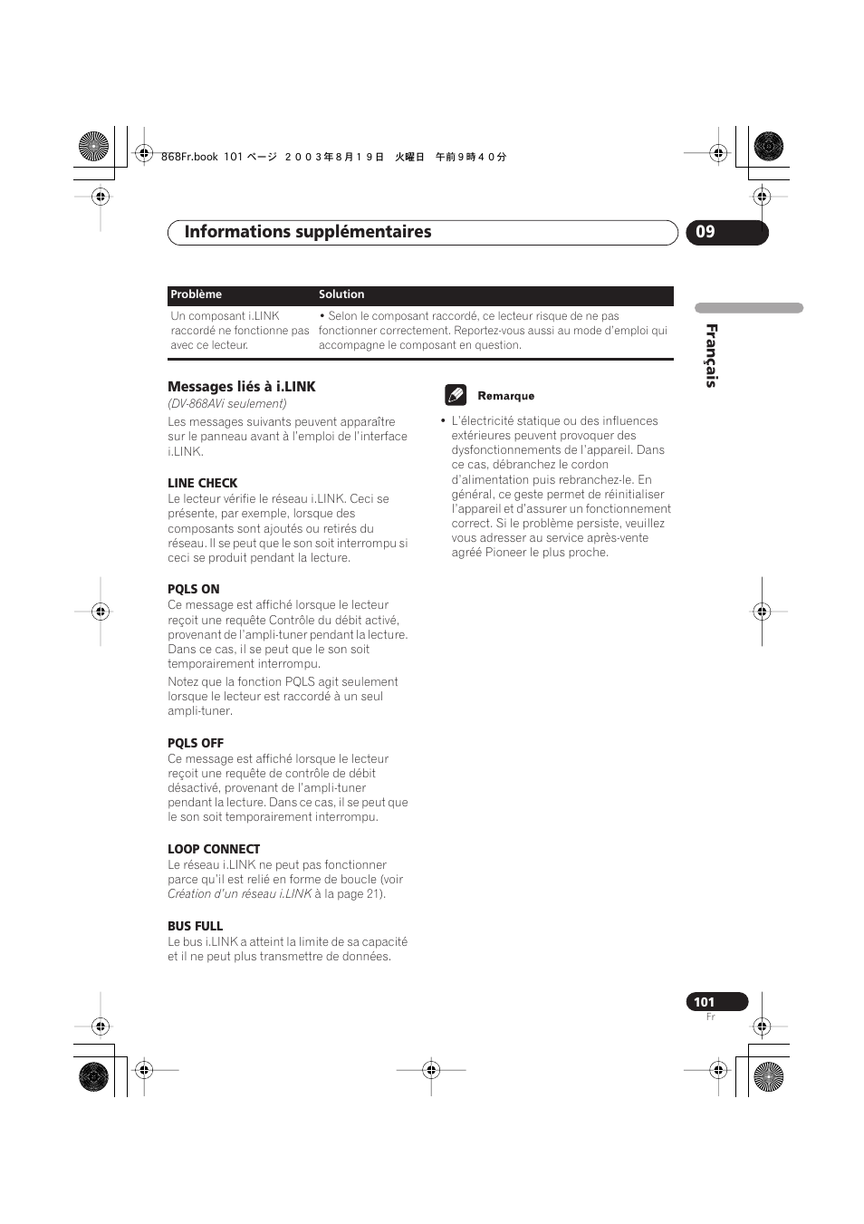 Messages liés à i.link, Informations supplémentaires 09 | Pioneer DV-668AV-S User Manual | Page 101 / 208