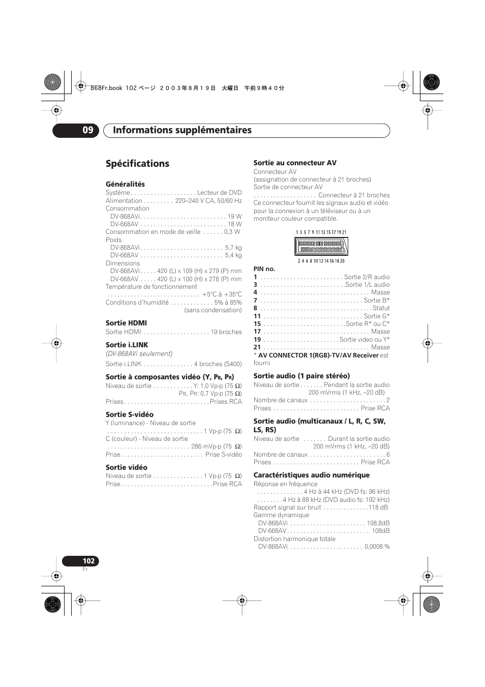 Spécifications, Informations supplémentaires 09 | Pioneer DV-668AV-S User Manual | Page 102 / 208