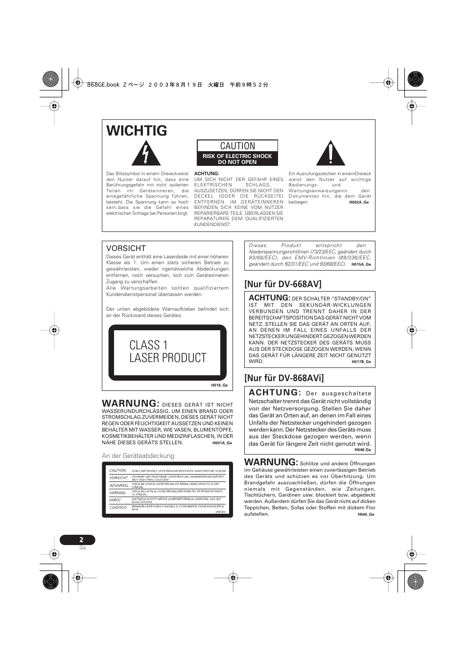 Wichtig, Class 1 laser product, Caution | Warnung | Pioneer DV-668AV-S User Manual | Page 104 / 208
