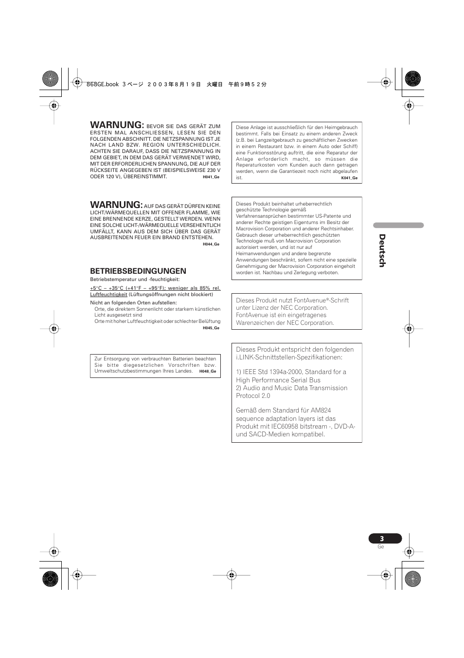 Warnung, Deutsch, Betriebsbedingungen | Pioneer DV-668AV-S User Manual | Page 105 / 208