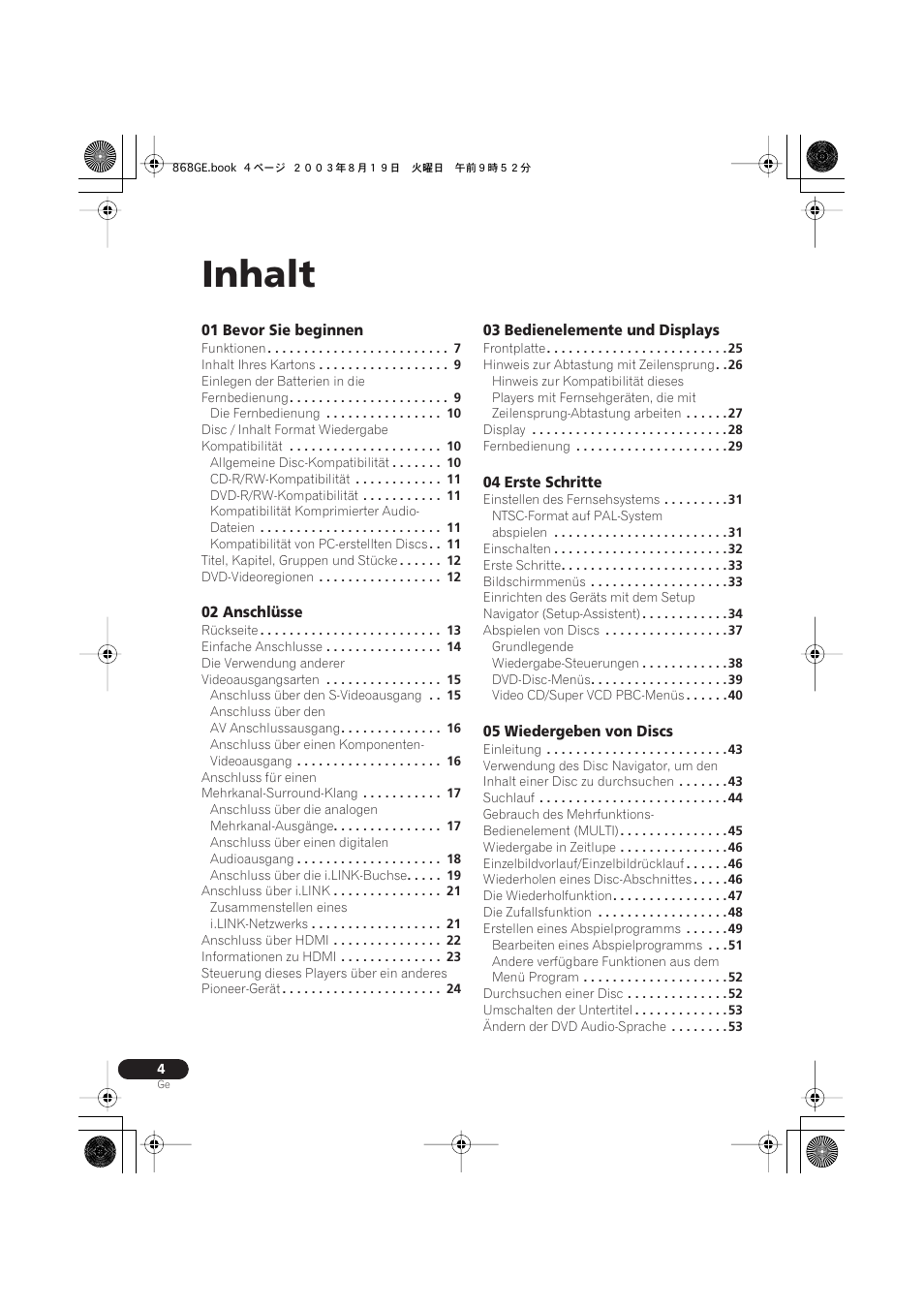 Inhalt | Pioneer DV-668AV-S User Manual | Page 106 / 208