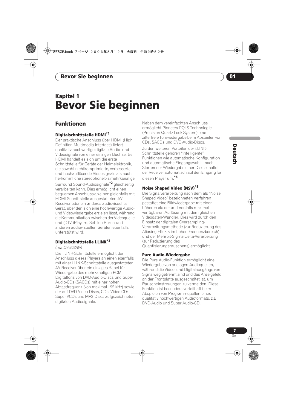 01 bevor sie beginnen, Funktionen, Bevor sie beginnen | Bevor sie beginnen 01, Kapitel 1 | Pioneer DV-668AV-S User Manual | Page 109 / 208