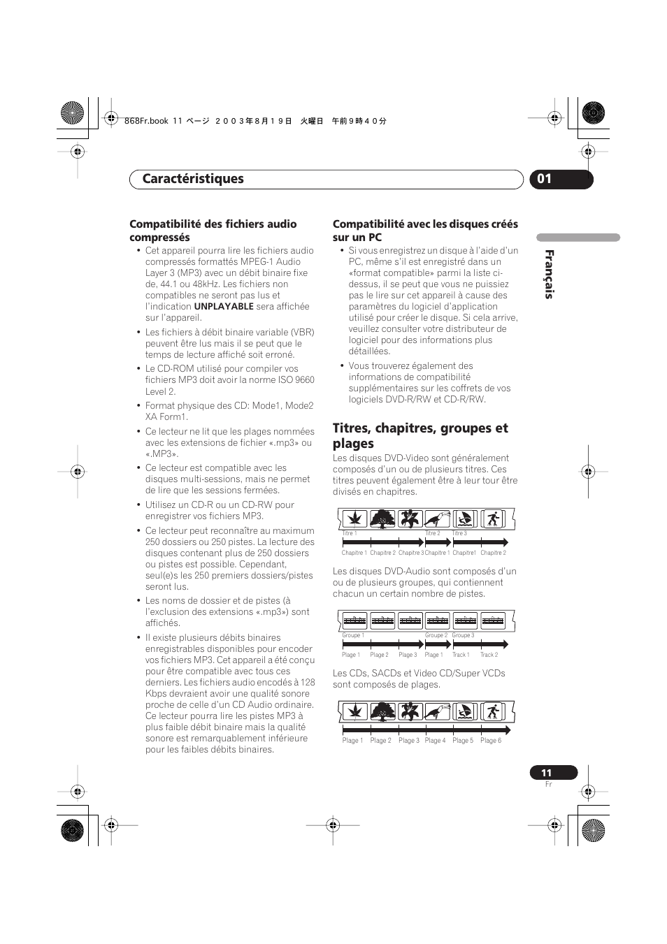 Compatibilité des fichiers audio compressés, Compatibilité avec les disques créés sur un pc, Titres, chapitres, groupes et plages | Caractéristiques 01, Français | Pioneer DV-668AV-S User Manual | Page 11 / 208