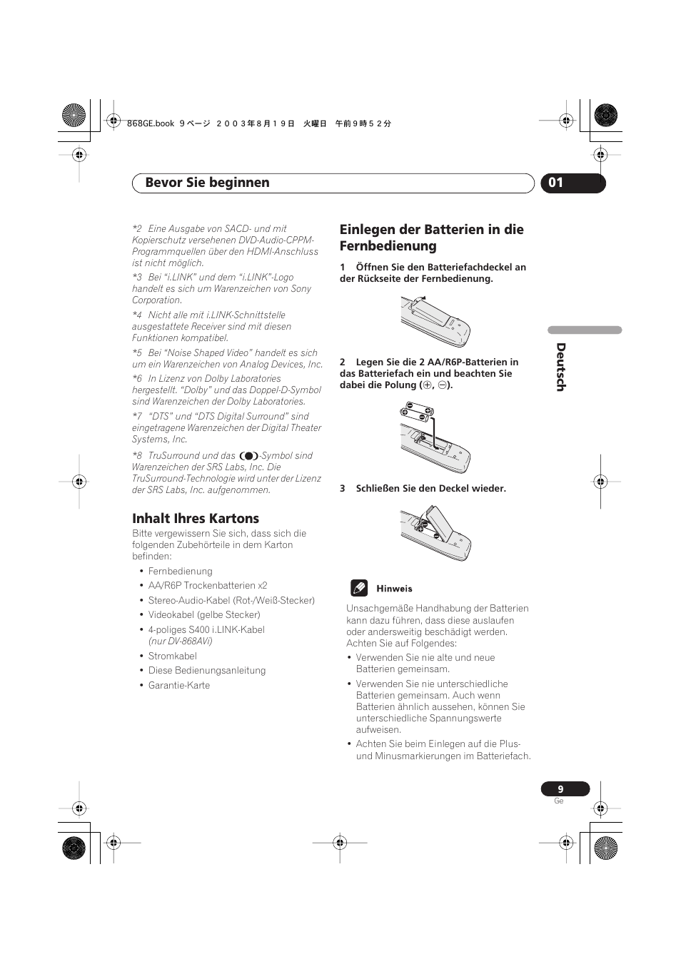 Inhalt ihres kartons, Einlegen der batterien in die fernbedienung, Bevor sie beginnen 01 | Pioneer DV-668AV-S User Manual | Page 111 / 208