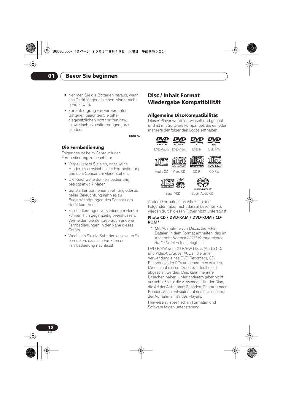 Die fernbedienung, Disc / inhalt format wiedergabe kompatibilität, Allgemeine disc-kompatibilität | Bevor sie beginnen 01 | Pioneer DV-668AV-S User Manual | Page 112 / 208