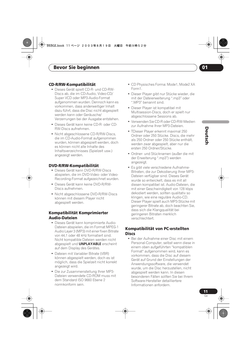 Cd-r/rw-kompatibilität, Dvd-r/rw-kompatibilität, Kompatibilität komprimierter audio- dateien | Kompatibilität von pc-erstellten discs, Bevor sie beginnen 01 | Pioneer DV-668AV-S User Manual | Page 113 / 208