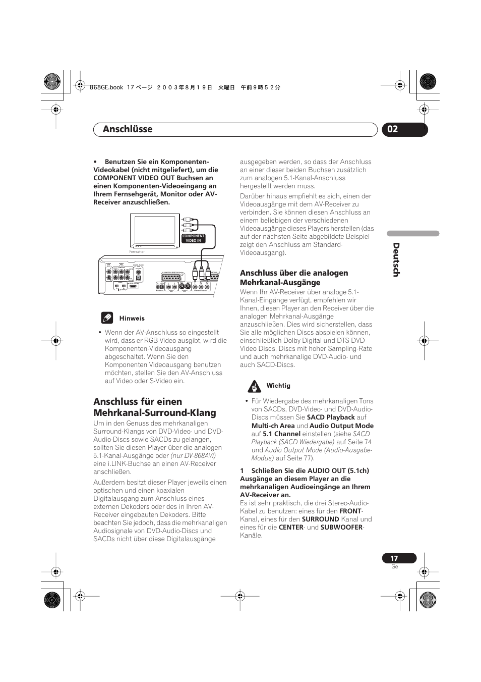 Anschluss für einen mehrkanal-surround-klang, Anschluss über die analogen mehrkanal-ausgänge, Anschlüsse 02 | Deutsch | Pioneer DV-668AV-S User Manual | Page 119 / 208