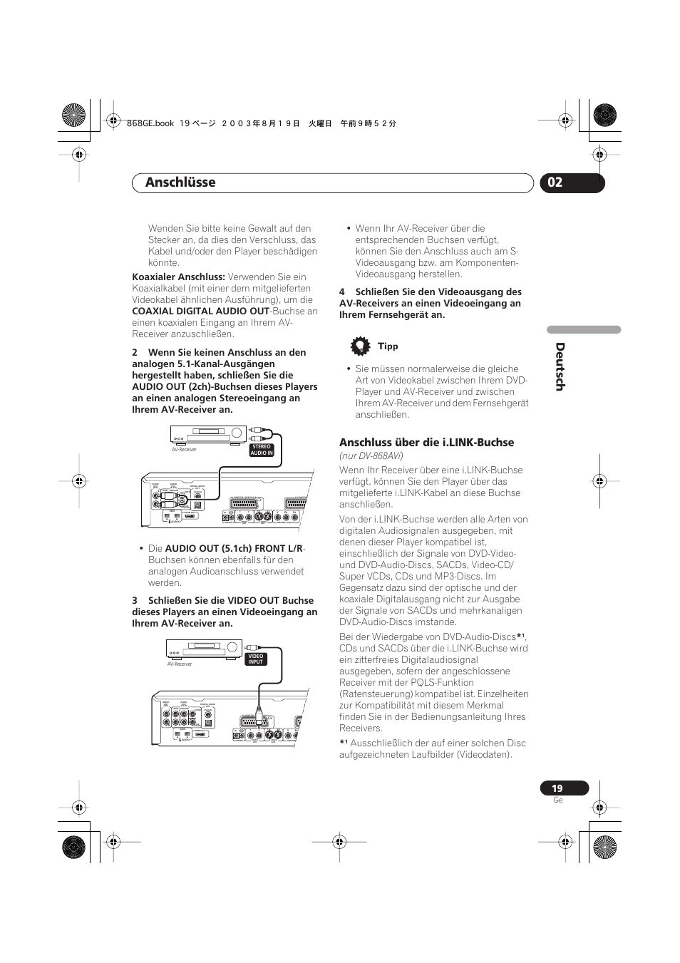Anschluss über die i.link-buchse, Anschlüsse 02, Deutsch | Koaxialer anschluss, Coaxial digital audio out, Audio out (5.1ch) front l/r, Nur dv-868avi) | Pioneer DV-668AV-S User Manual | Page 121 / 208