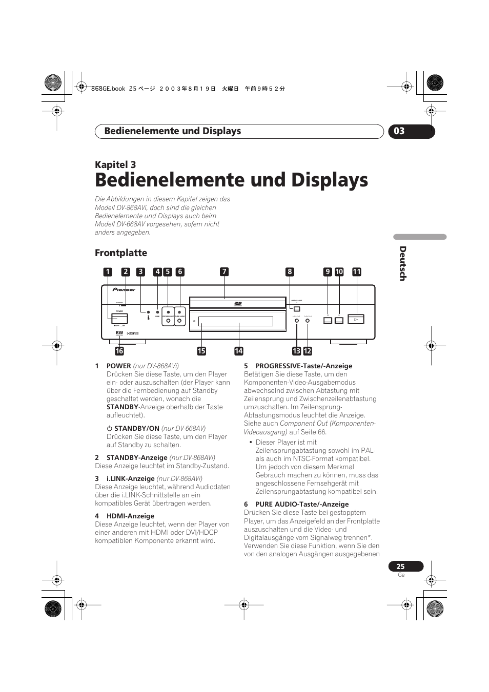 03 bedienelemente und displays, Frontplatte, Bedienelemente und displays | Bedienelemente und displays 03, Kapitel 3 | Pioneer DV-668AV-S User Manual | Page 127 / 208