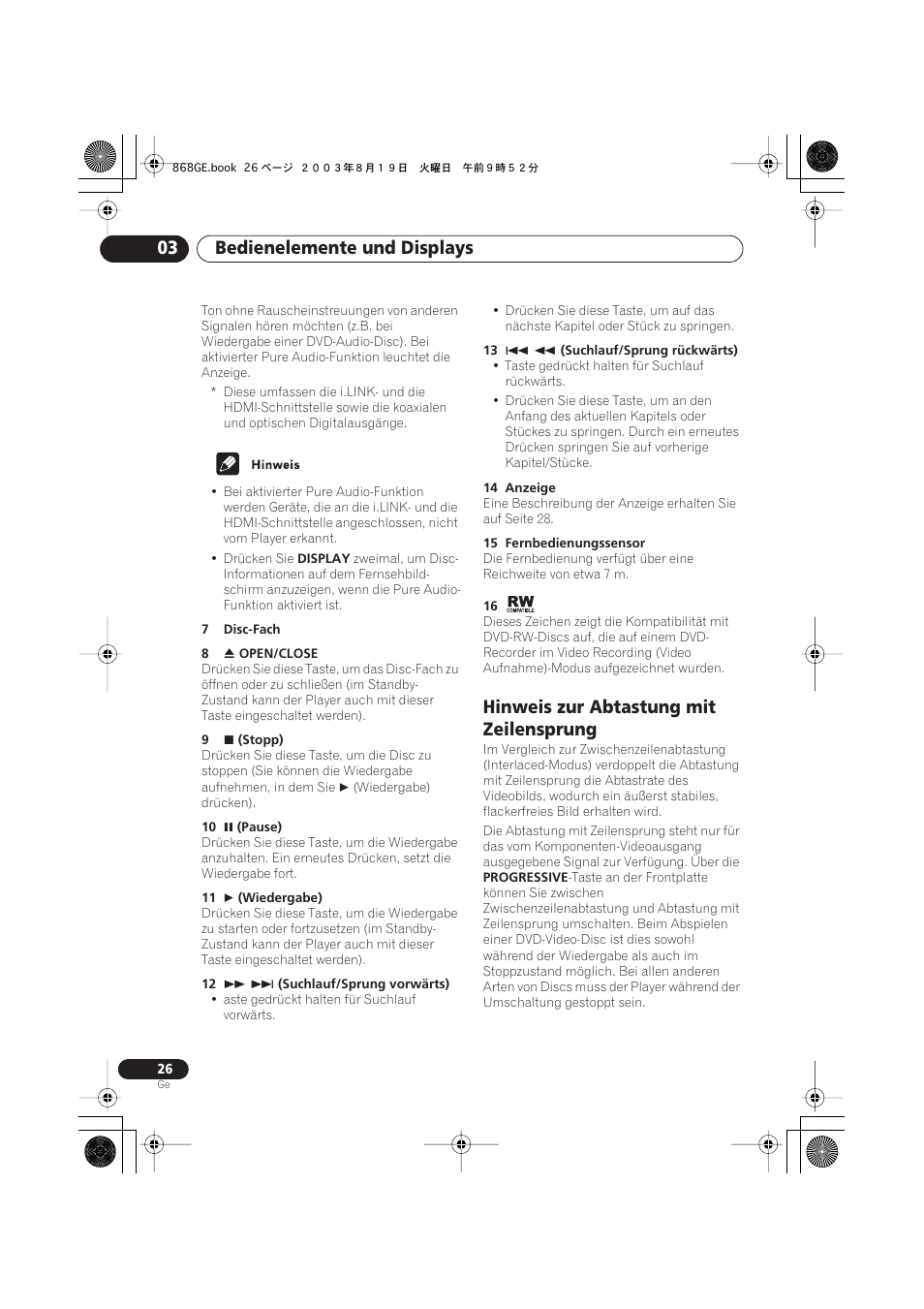 Hinweis zur abtastung mit zeilensprung, Bedienelemente und displays 03 | Pioneer DV-668AV-S User Manual | Page 128 / 208