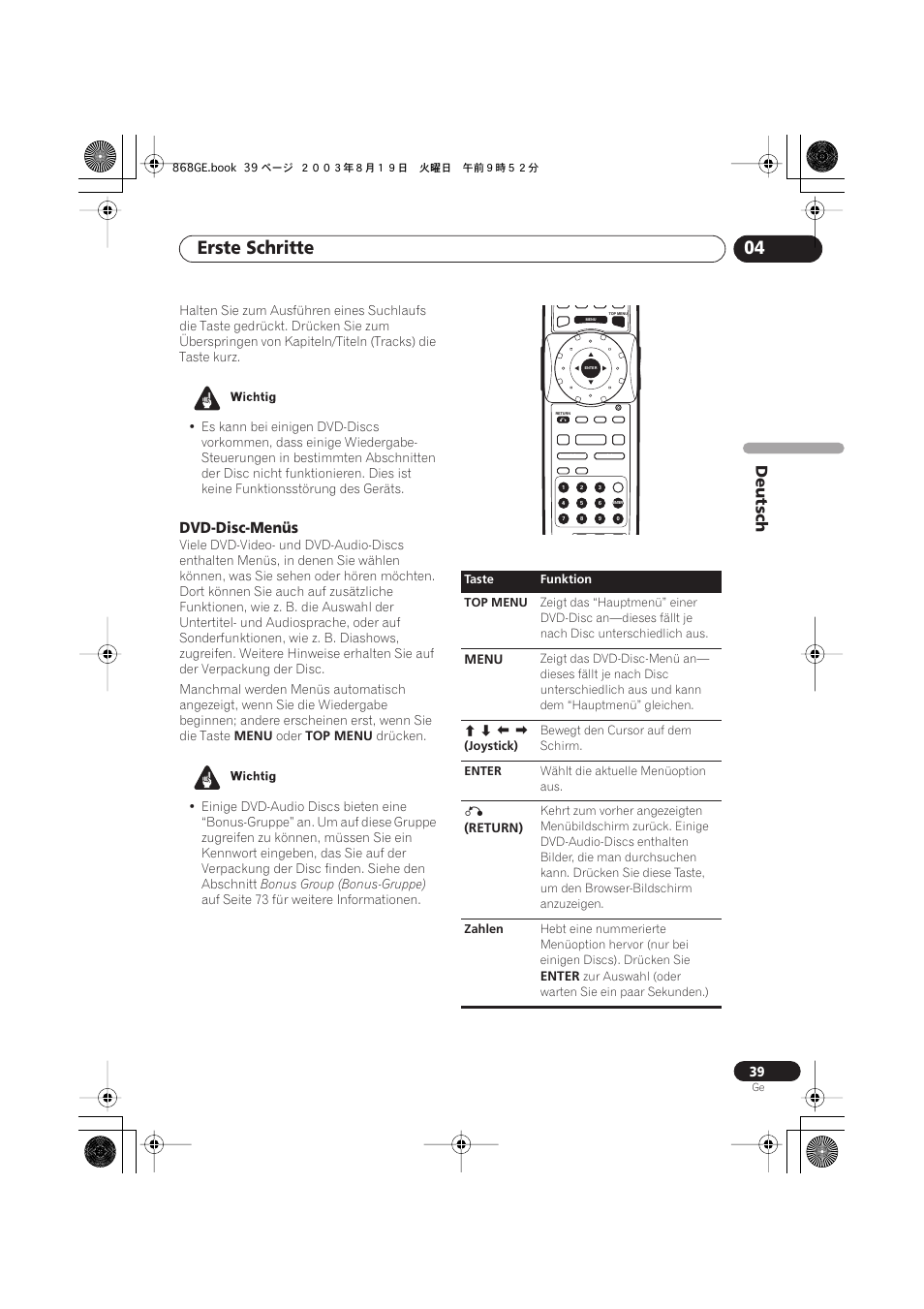 Dvd-disc-menüs, Erste schritte 04, Deutsch | Pioneer DV-668AV-S User Manual | Page 141 / 208