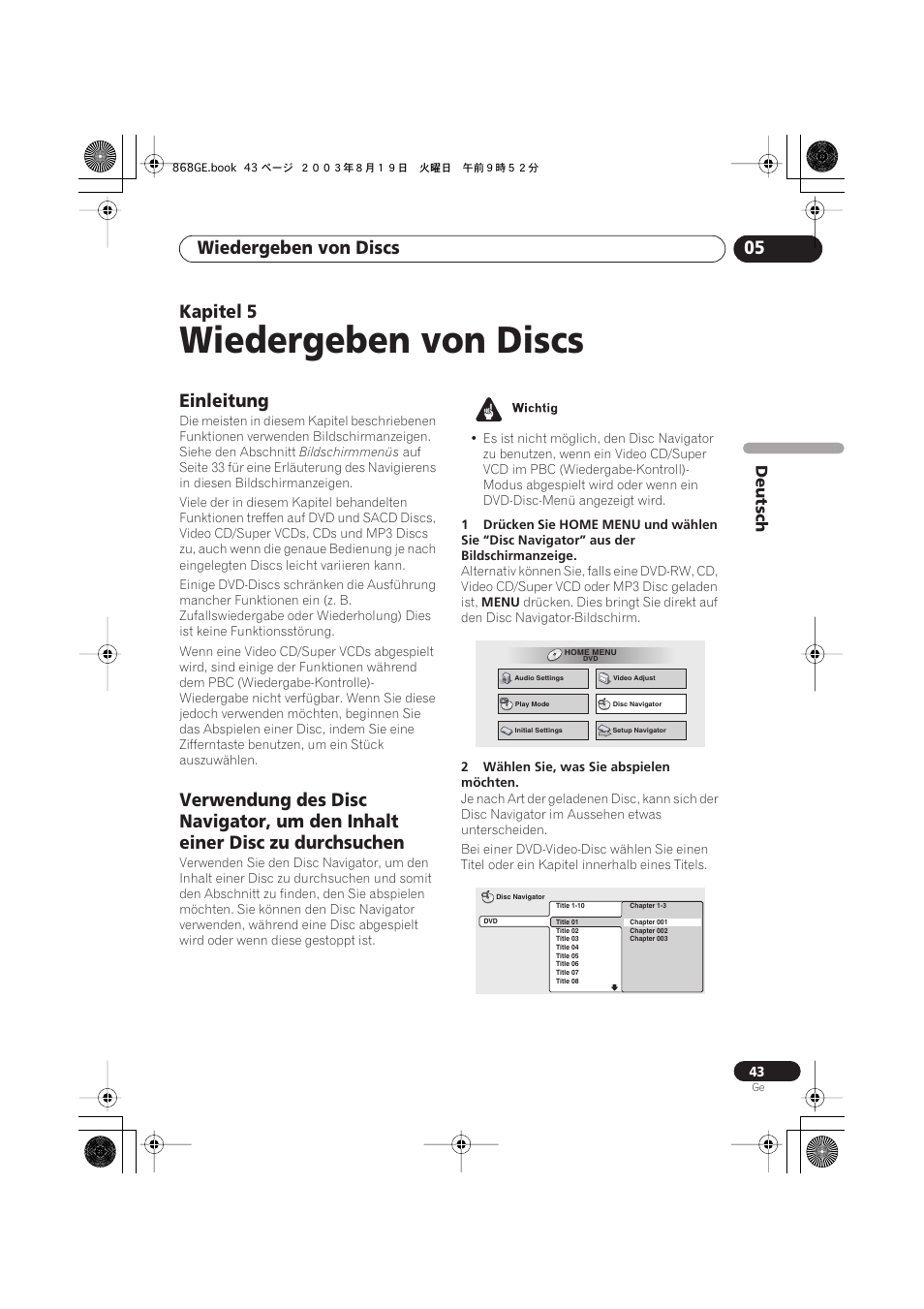05 wiedergeben von discs, Einleitung, Wiedergeben von discs | Wiedergeben von discs 05, Kapitel 5 | Pioneer DV-668AV-S User Manual | Page 145 / 208