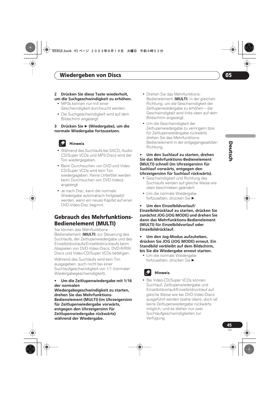 Gebrauch des mehrfunktions- bedienelement (multi), Wiedergeben von discs 05 | Pioneer DV-668AV-S User Manual | Page 147 / 208