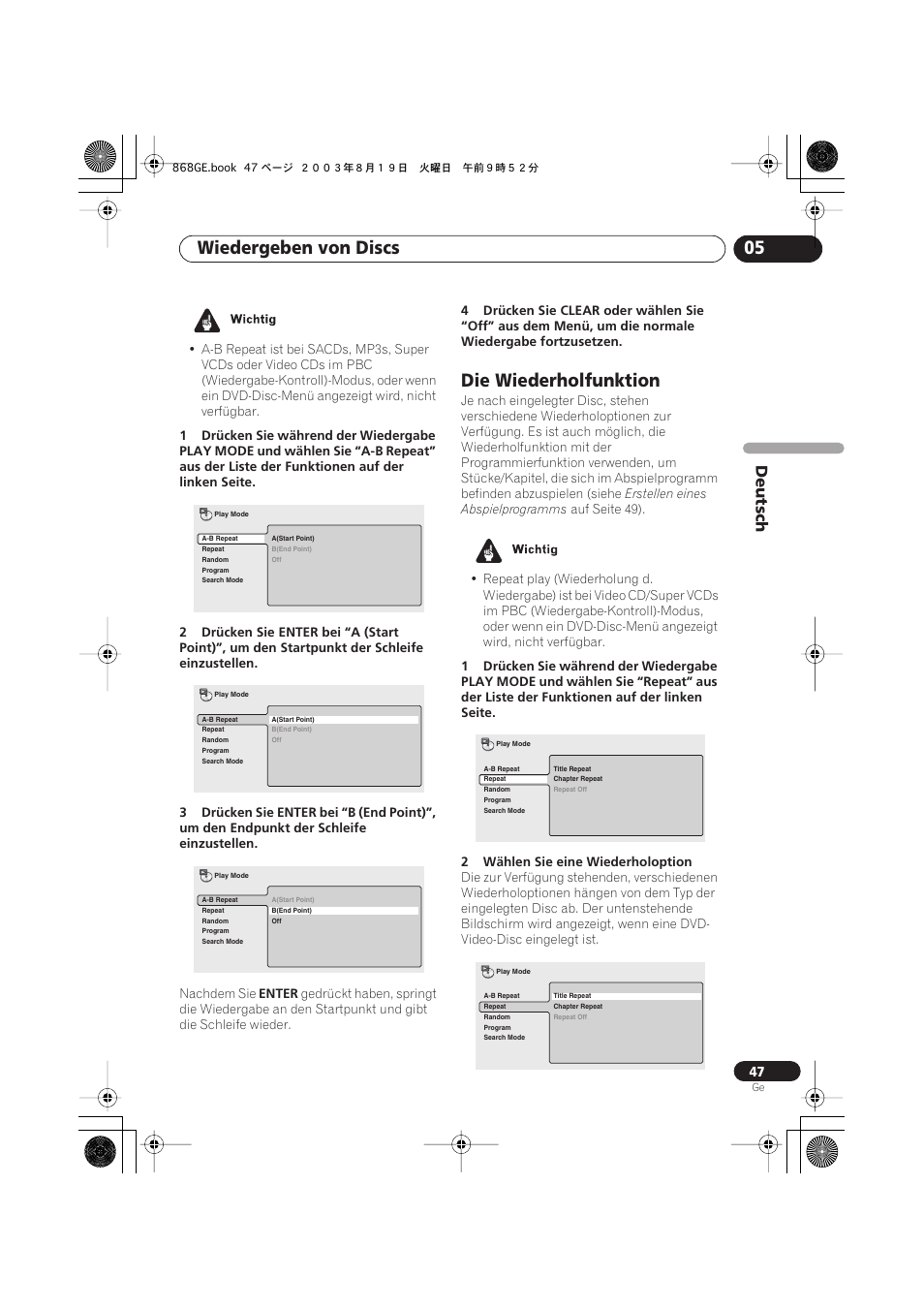 Die wiederholfunktion, Wiedergeben von discs 05, Deutsch | Pioneer DV-668AV-S User Manual | Page 149 / 208