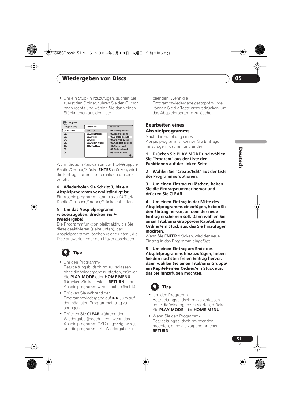 Bearbeiten eines abspielprogramms, Wiedergeben von discs 05, Deutsch | Pioneer DV-668AV-S User Manual | Page 153 / 208