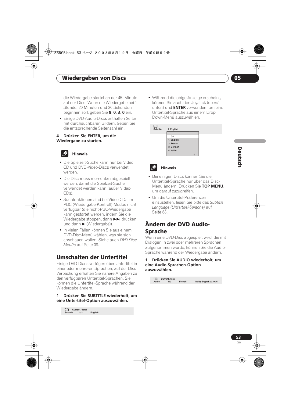 Umschalten der untertitel, Ändern der dvd audio-sprache, Wiedergeben von discs 05 | Ändern der dvd audio- sprache | Pioneer DV-668AV-S User Manual | Page 155 / 208