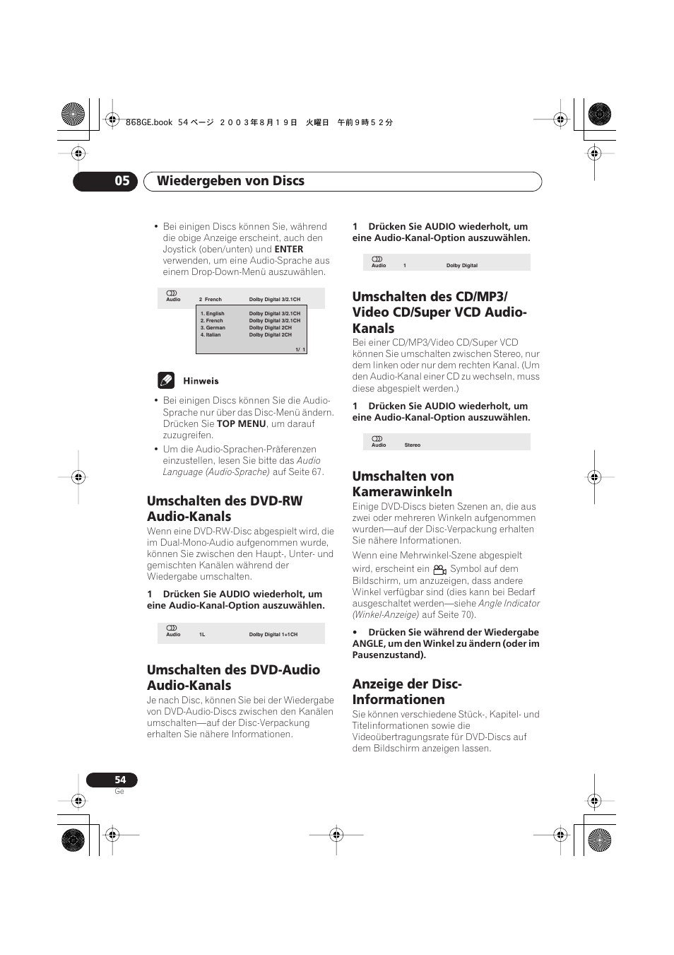 Umschalten des dvd-rw audio-kanals, Umschalten des dvd-audio audio-kanals, Umschalten von kamerawinkeln | Anzeige der disc-informationen, Wiedergeben von discs 05, Anzeige der disc- informationen | Pioneer DV-668AV-S User Manual | Page 156 / 208