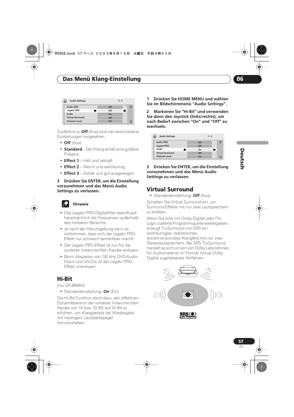 Hi-bit, Virtual surround, Das menü klang-einstellung 06 | Deutsch | Pioneer DV-668AV-S User Manual | Page 159 / 208