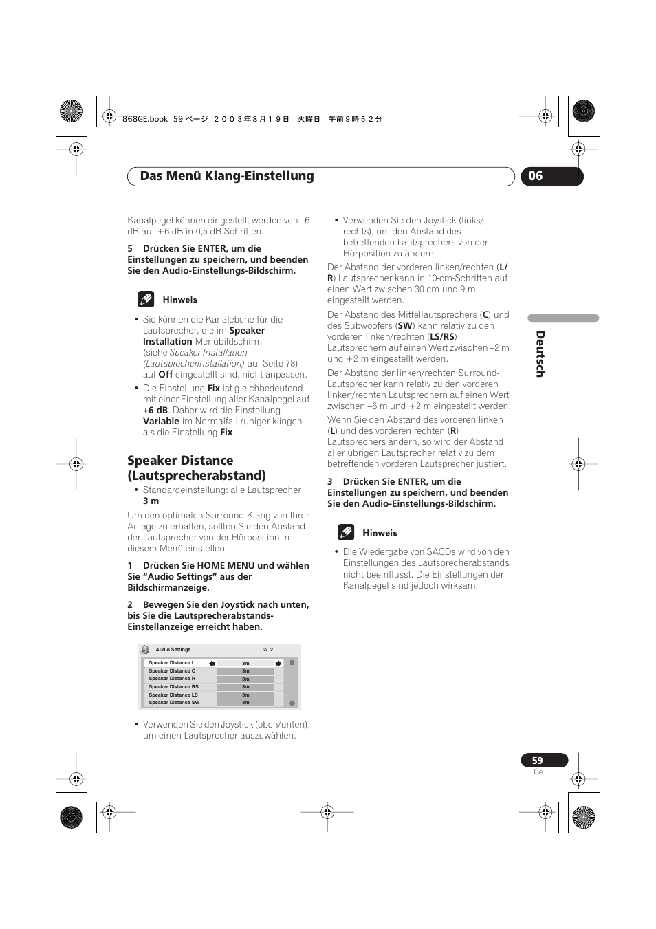 Speaker distance (lautsprecherabstand), Das menü klang-einstellung 06 | Pioneer DV-668AV-S User Manual | Page 161 / 208