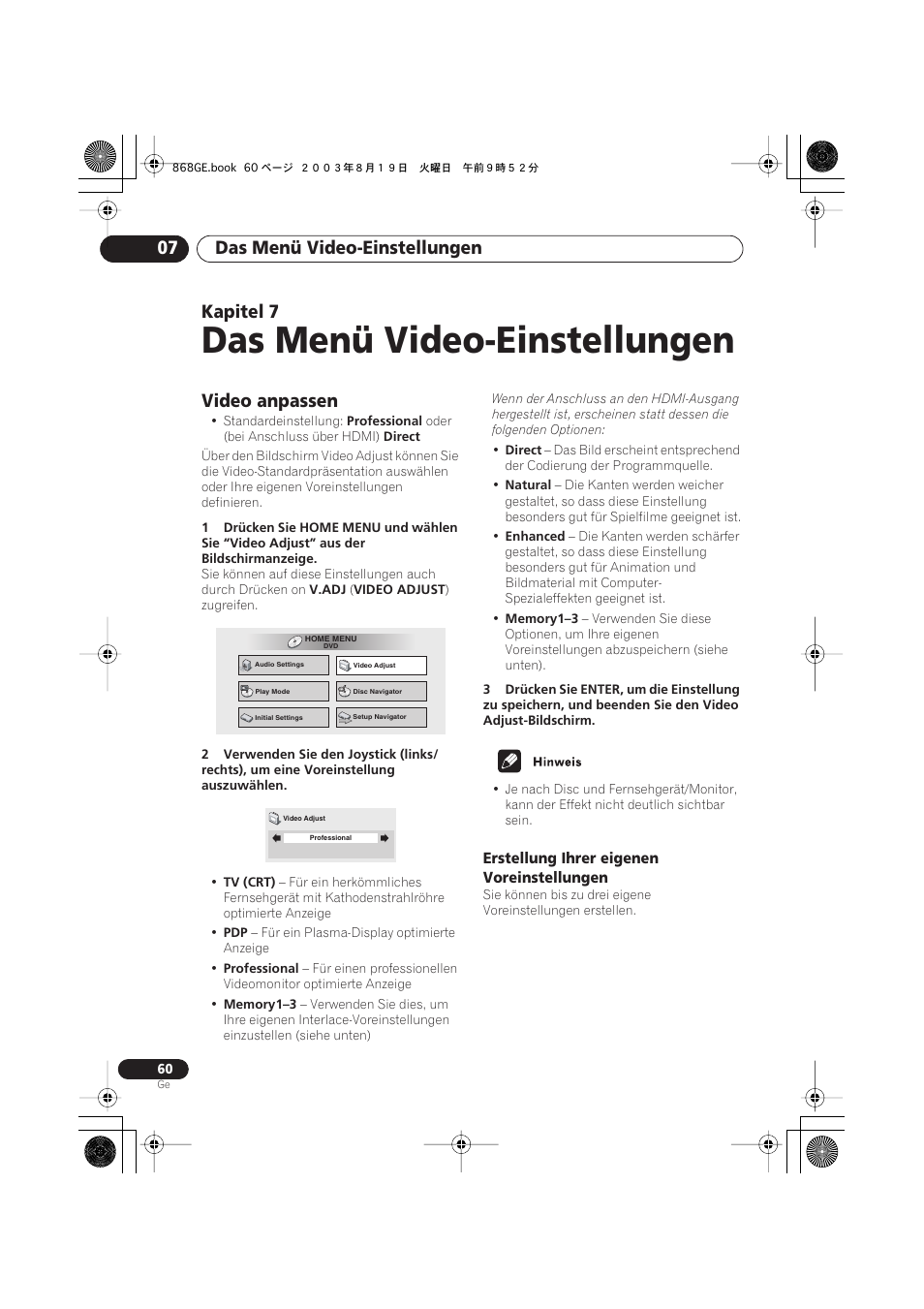 07 das menü video-einstellungen, Video anpassen, Erstellung ihrer eigenen voreinstellungen | Das menü video-einstellungen, Das menü video-einstellungen 07, Kapitel 7 | Pioneer DV-668AV-S User Manual | Page 162 / 208