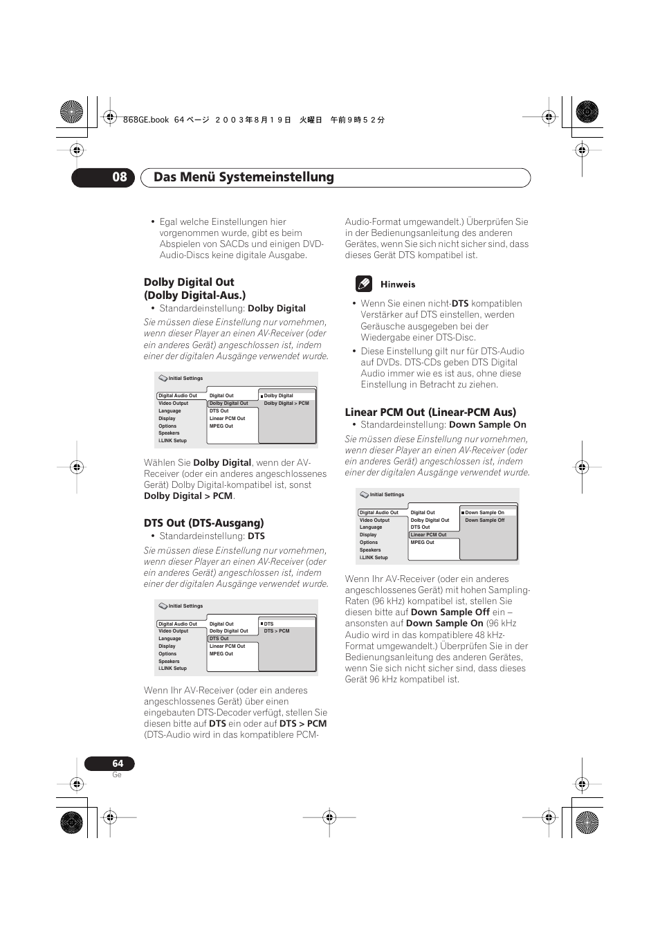 Dolby digital out (dolby digital-aus.), Dts out (dts-ausgang), Linear pcm out (linear-pcm aus) | Das menü systemeinstellung 08 | Pioneer DV-668AV-S User Manual | Page 166 / 208