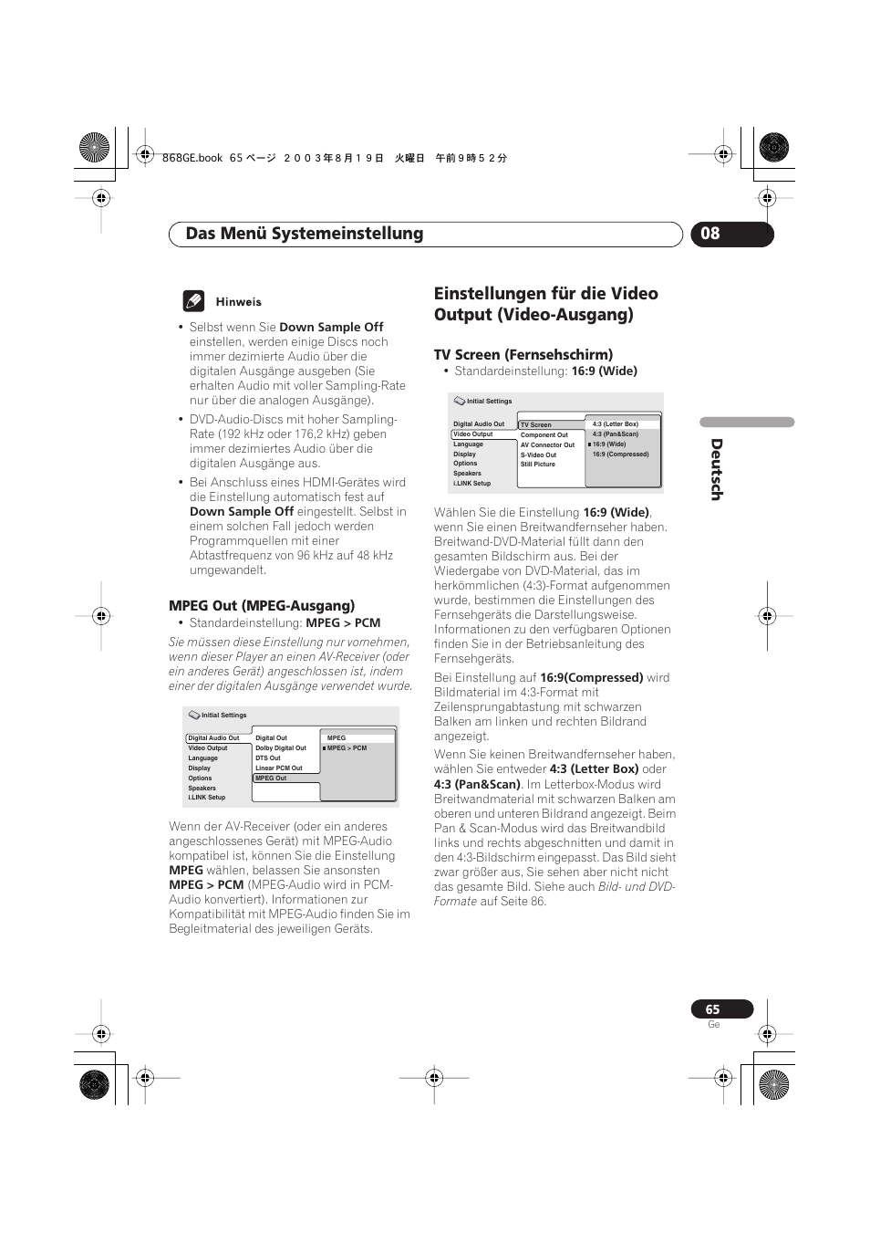 Mpeg out (mpeg-ausgang), Einstellungen für die video output (video-ausgang), Tv screen (fernsehschirm) | Das menü systemeinstellung 08, Deutsch | Pioneer DV-668AV-S User Manual | Page 167 / 208