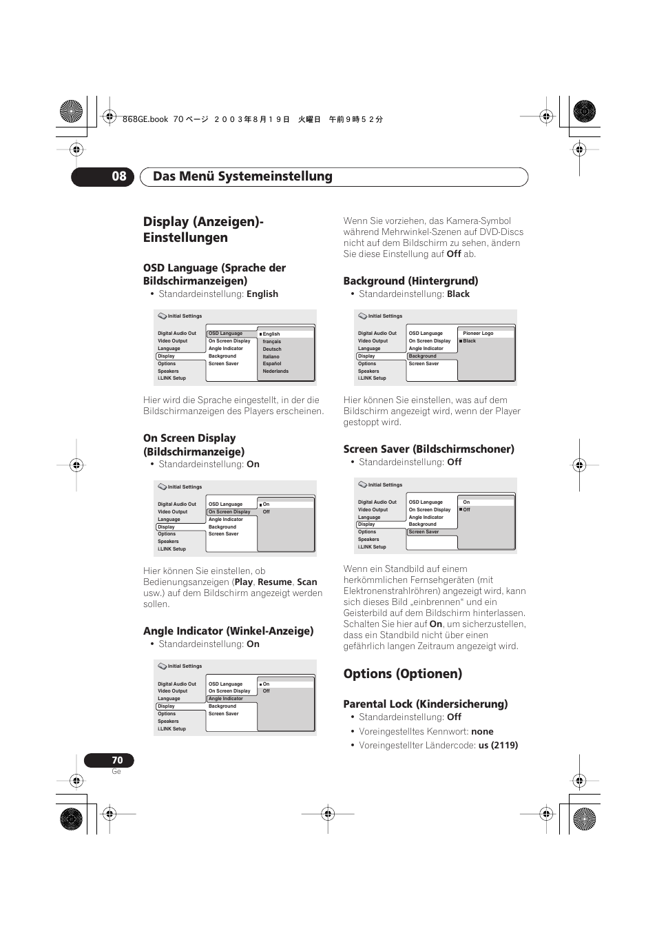 Display (anzeigen)-einstellungen, Osd language (sprache der bildschirmanzeigen), On screen display (bildschirmanzeige) | Angle indicator (winkel-anzeige), Background (hintergrund), Screen saver (bildschirmschoner), Options (optionen), Parental lock (kindersicherung), Das menü systemeinstellung 08, Display (anzeigen)- einstellungen | Pioneer DV-668AV-S User Manual | Page 172 / 208