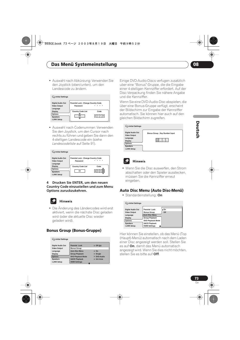 Bonus group (bonus-gruppe), Auto disc menu (auto disc-menü), Das menü systemeinstellung 08 | Deutsch | Pioneer DV-668AV-S User Manual | Page 175 / 208