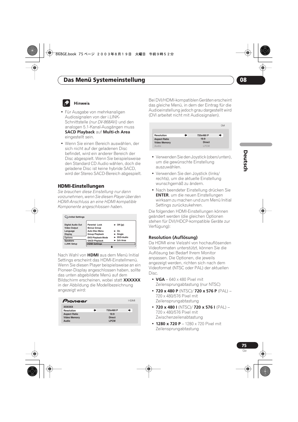 Hdmi-einstellungen, Das menü systemeinstellung 08, Deutsch | Pioneer DV-668AV-S User Manual | Page 177 / 208