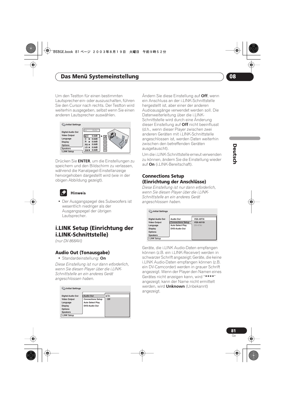 Audio out (tonausgabe), Connections setup (einrichtung der anschlüsse), Das menü systemeinstellung 08 | Deutsch | Pioneer DV-668AV-S User Manual | Page 183 / 208