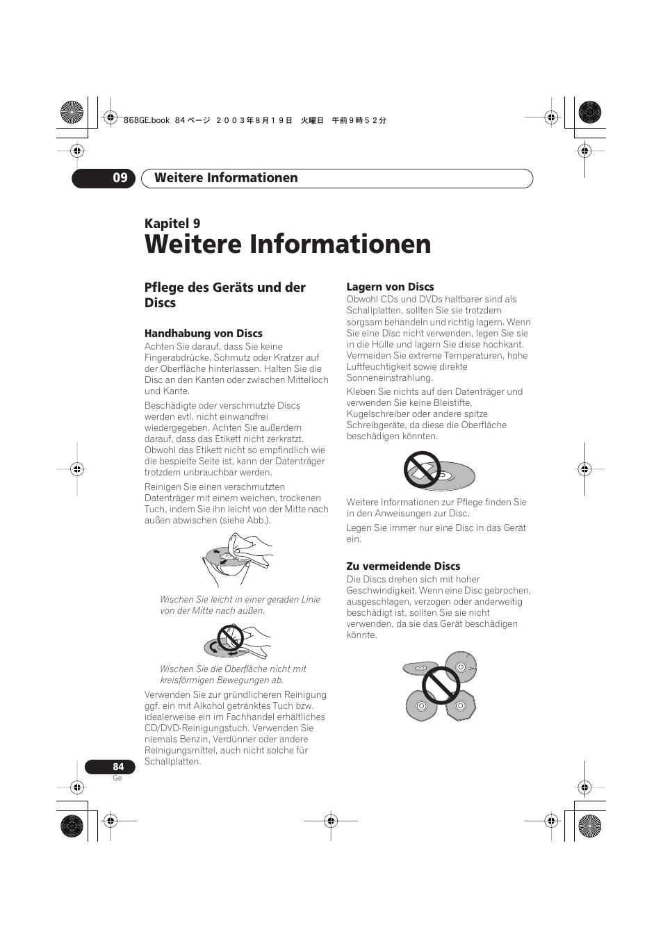09 weitere informationen, Pflege des geräts und der discs, Handhabung von discs | Lagern von discs, Zu vermeidende discs, Weitere informationen | Pioneer DV-668AV-S User Manual | Page 186 / 208