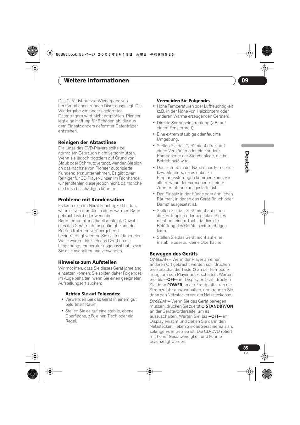 Reinigen der abtastlinse, Probleme mit kondensation, Hinweise zum aufstellen | Bewegen des geräts, Weitere informationen 09 | Pioneer DV-668AV-S User Manual | Page 187 / 208
