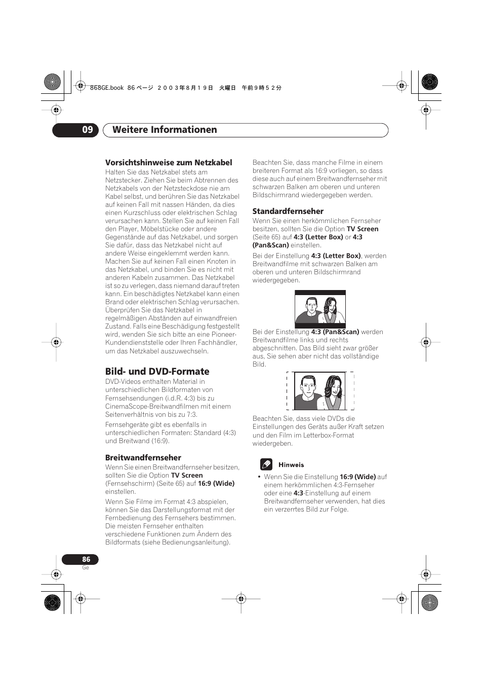 Vorsichtshinweise zum netzkabel, Bild- und dvd-formate, Breitwandfernseher | Standardfernseher, Weitere informationen 09 | Pioneer DV-668AV-S User Manual | Page 188 / 208