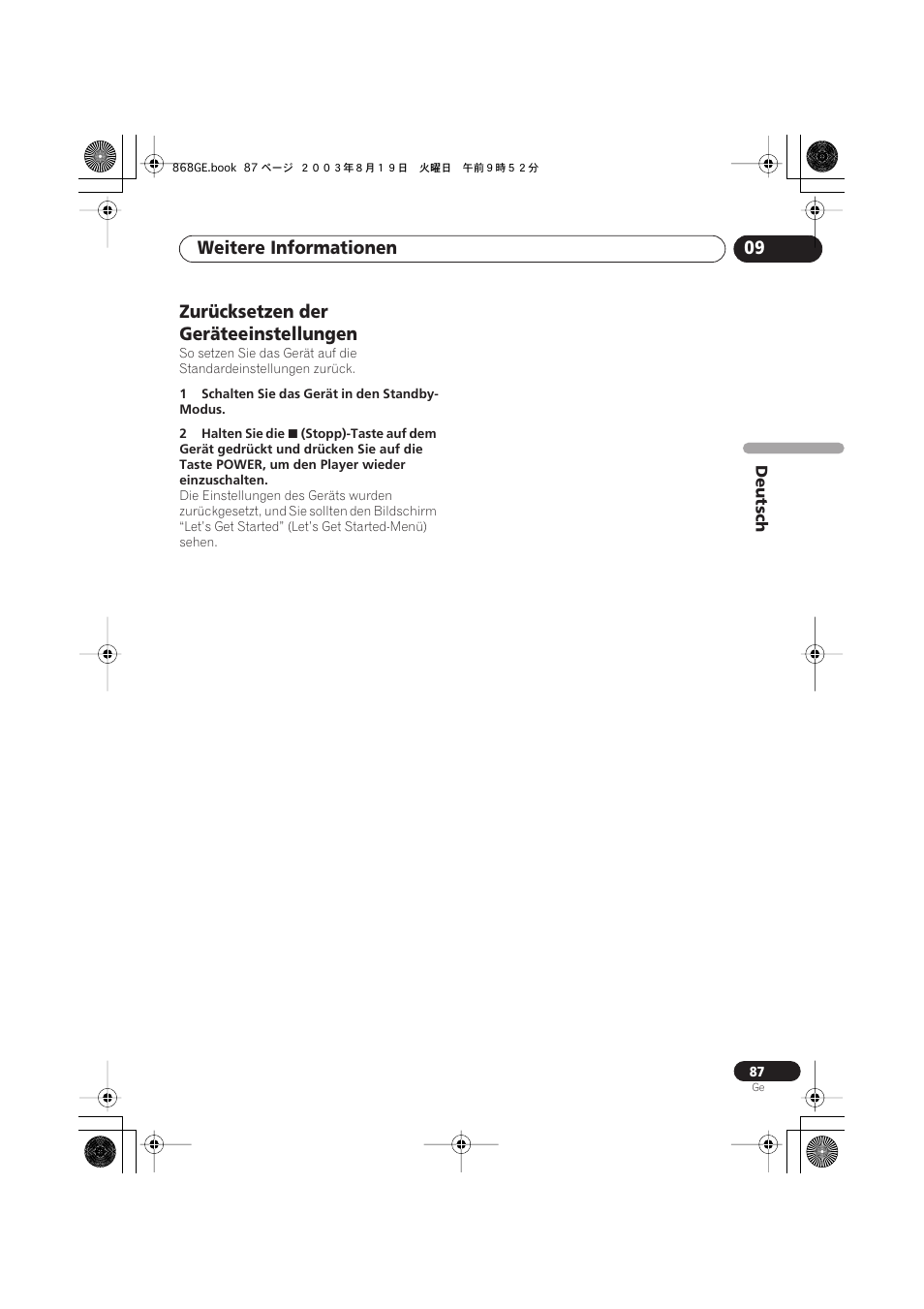 Zurücksetzen der geräteeinstellungen, Weitere informationen 09 | Pioneer DV-668AV-S User Manual | Page 189 / 208
