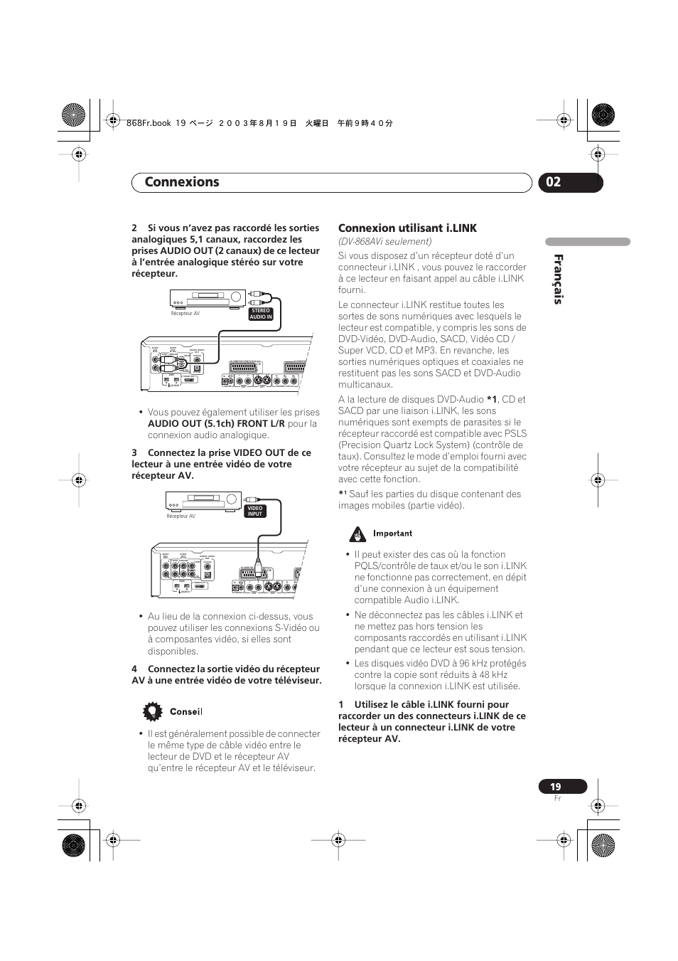 Connexion utilisant i.link, Connexions 02, Français | Vous pouvez également utiliser les prises, Audio out (5.1ch) front l/r, Pour la connexion audio analogique, Dv-868avi seulement) | Pioneer DV-668AV-S User Manual | Page 19 / 208