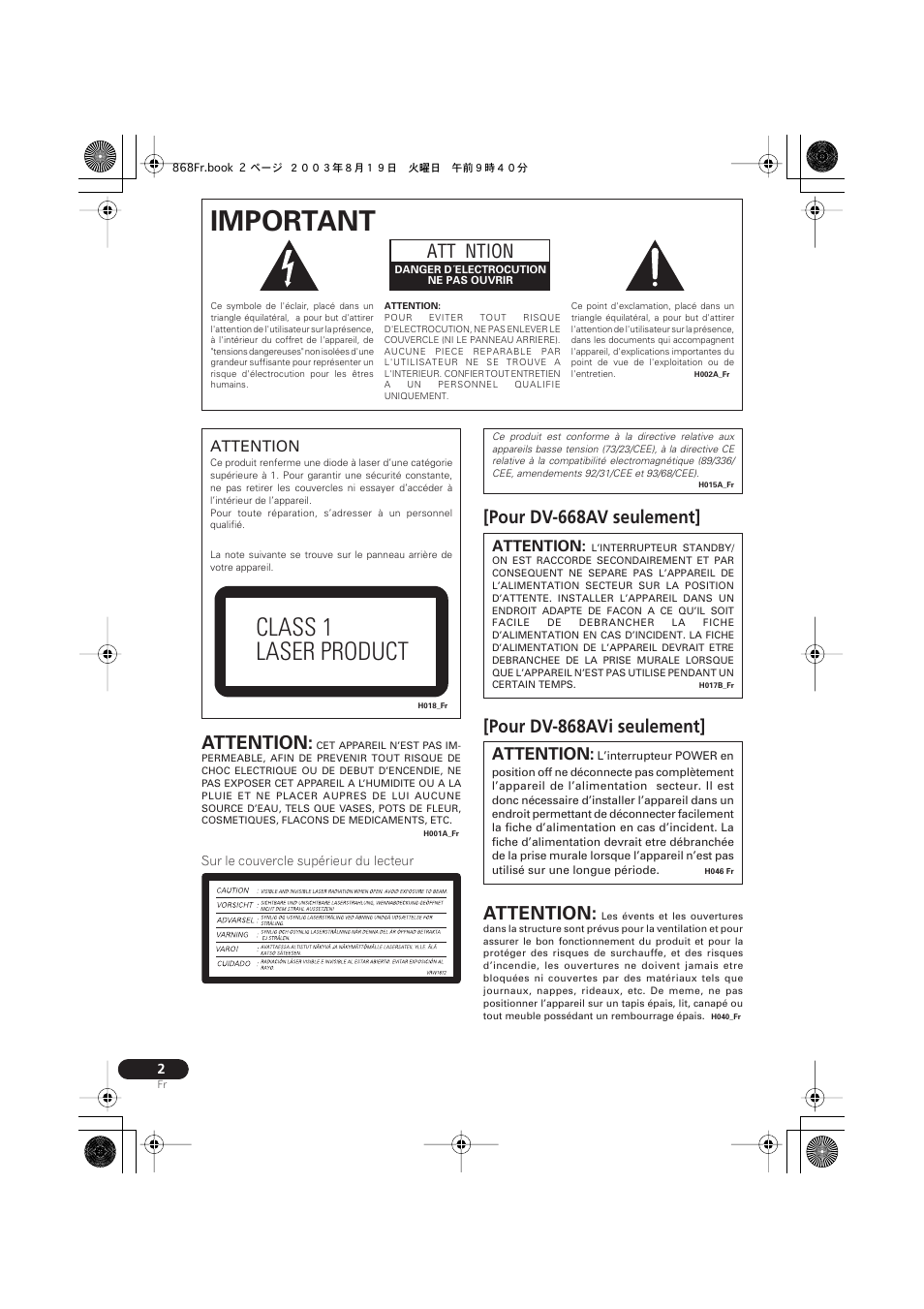 Important, Class 1 laser product, Attention | Pioneer DV-668AV-S User Manual | Page 2 / 208