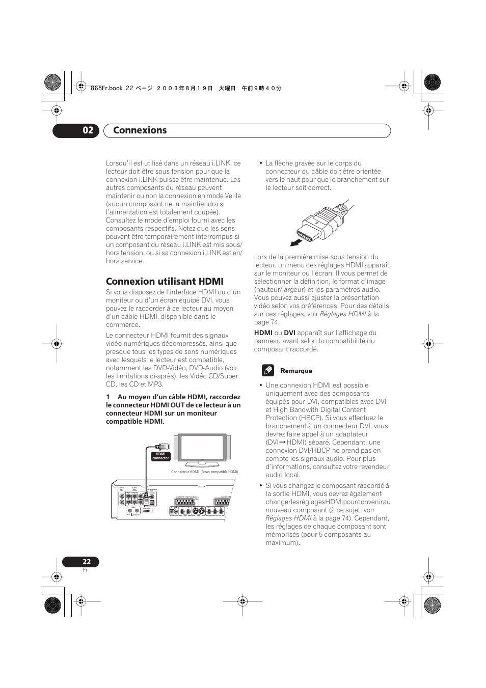 Connexion utilisant hdmi, Connexions 02, Réglages hdmi | À la page 74, Hdmi | Pioneer DV-668AV-S User Manual | Page 22 / 208