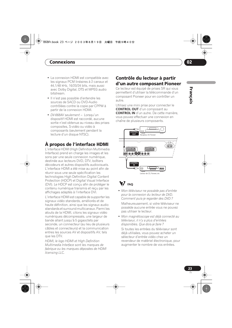 À propos de l’interface hdmi, Connexions 02, Français | Pioneer DV-668AV-S User Manual | Page 23 / 208