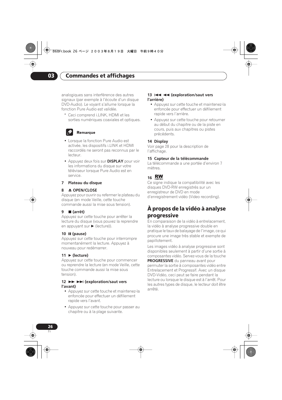 À propos de la vidéo à analyse progressive, Commandes et affichages 03 | Pioneer DV-668AV-S User Manual | Page 26 / 208